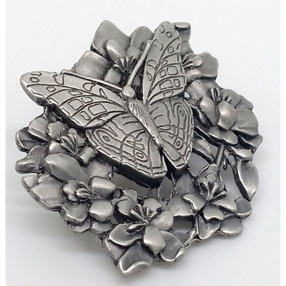Butterfly and Flowers Brooch Scatter Pin Pewter Metal Birds & Bloom 1998 Vintage - Picture 10 of 12